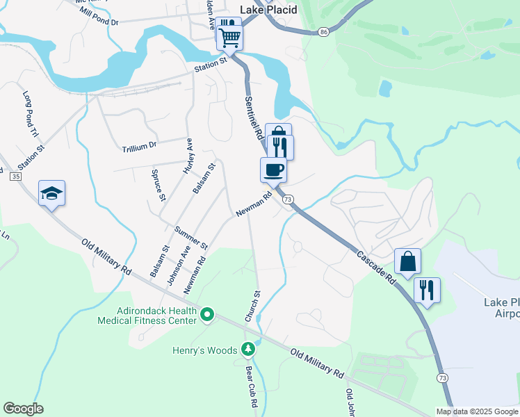map of restaurants, bars, coffee shops, grocery stores, and more near County Highway 26A in Lake Placid