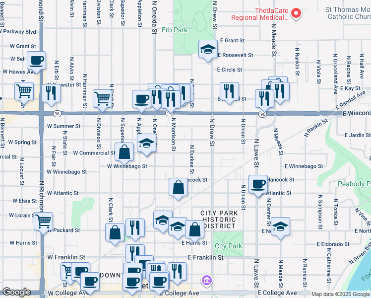 map of restaurants, bars, coffee shops, grocery stores, and more near 222 East Commercial Street in Appleton