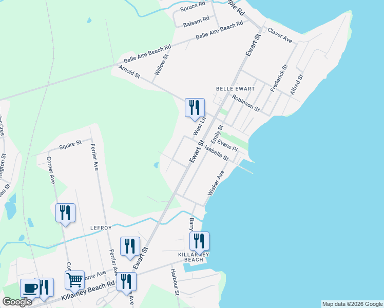 map of restaurants, bars, coffee shops, grocery stores, and more near 1024 Ewart Street in Innisfil