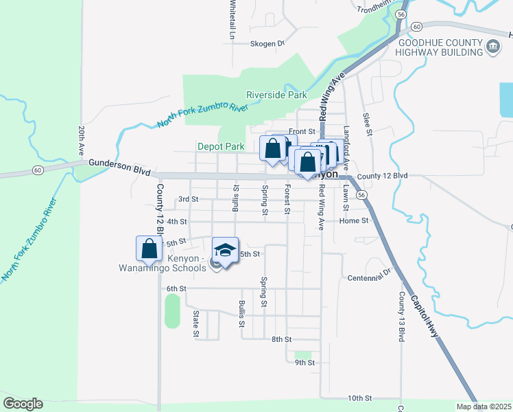 map of restaurants, bars, coffee shops, grocery stores, and more near 425 3rd Street in Kenyon
