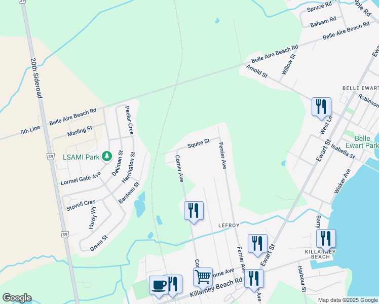 map of restaurants, bars, coffee shops, grocery stores, and more near 1297 Squire Street in Innisfil