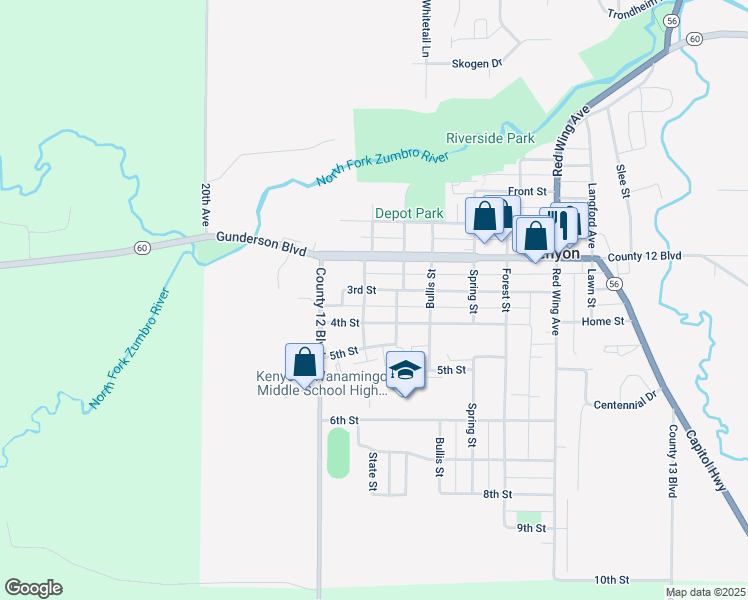 map of restaurants, bars, coffee shops, grocery stores, and more near 215 3rd Street in Kenyon