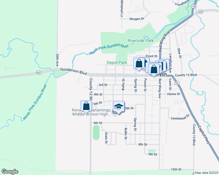 map of restaurants, bars, coffee shops, grocery stores, and more near 215 3rd Street in Kenyon