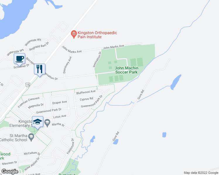 map of restaurants, bars, coffee shops, grocery stores, and more near 1328 Greenwood Park Drive in Kingston