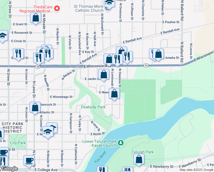 map of restaurants, bars, coffee shops, grocery stores, and more near 1019 North Leminwah Street in Appleton