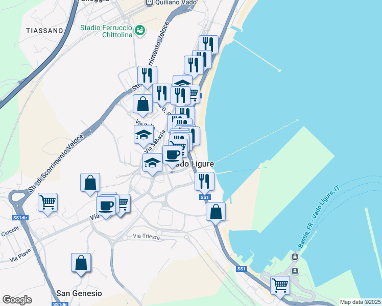 map of restaurants, bars, coffee shops, grocery stores, and more near 172 Via Leon Pancaldo in Vado Ligure