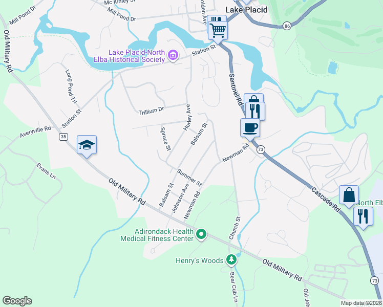map of restaurants, bars, coffee shops, grocery stores, and more near 58 Balsam Street in Lake Placid