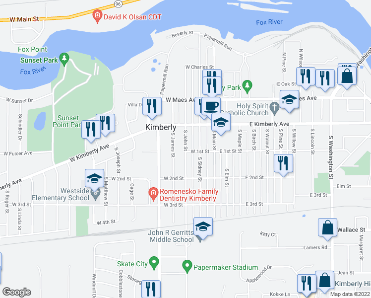 map of restaurants, bars, coffee shops, grocery stores, and more near 148 South John Street in Kimberly