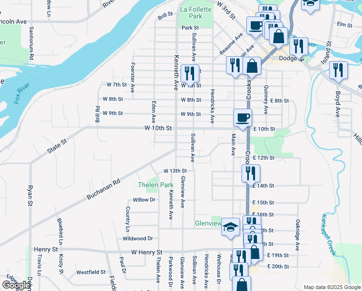 map of restaurants, bars, coffee shops, grocery stores, and more near 317 West 11th Street in Kaukauna