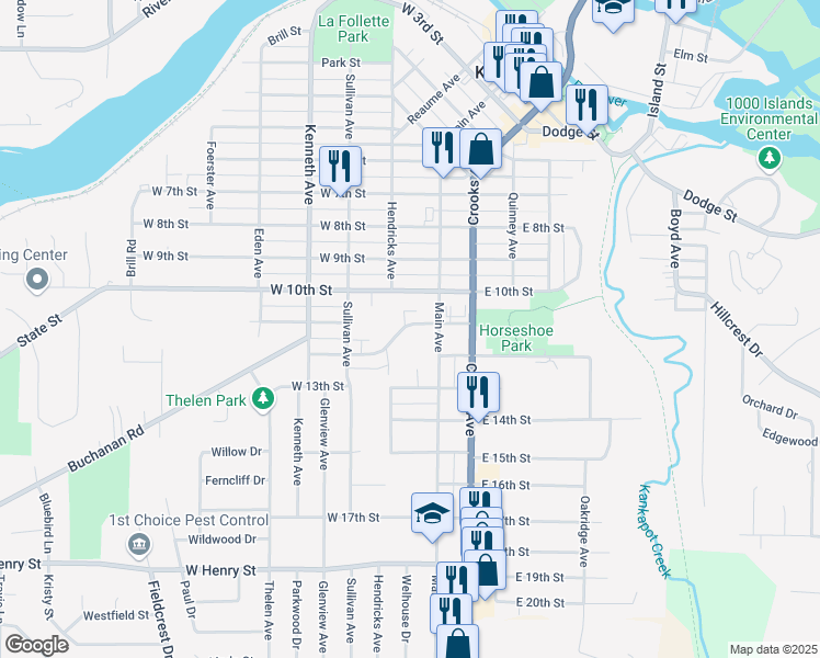 map of restaurants, bars, coffee shops, grocery stores, and more near 2 West 11th Street in Kaukauna