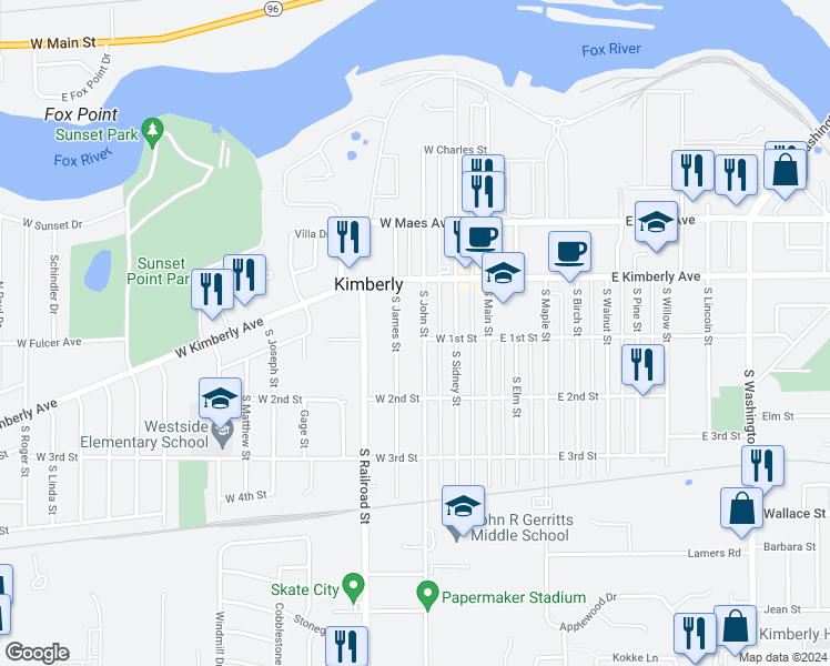 map of restaurants, bars, coffee shops, grocery stores, and more near 146 South John Street in Kimberly