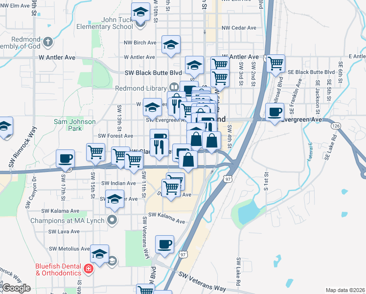 map of restaurants, bars, coffee shops, grocery stores, and more near 644 Southwest 8th Street in Redmond