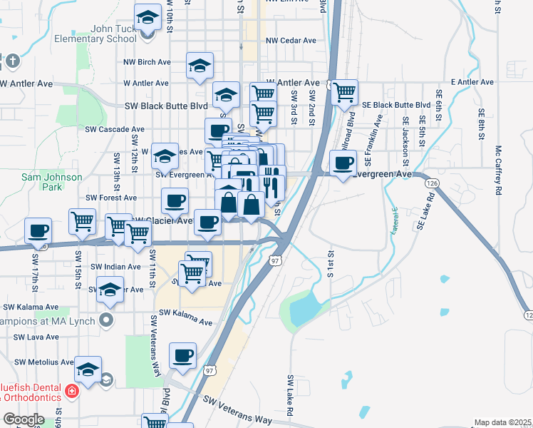 map of restaurants, bars, coffee shops, grocery stores, and more near 652 Southwest 5th Street in Redmond