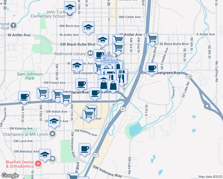 map of restaurants, bars, coffee shops, grocery stores, and more near 631 Southwest 6th Street in Redmond