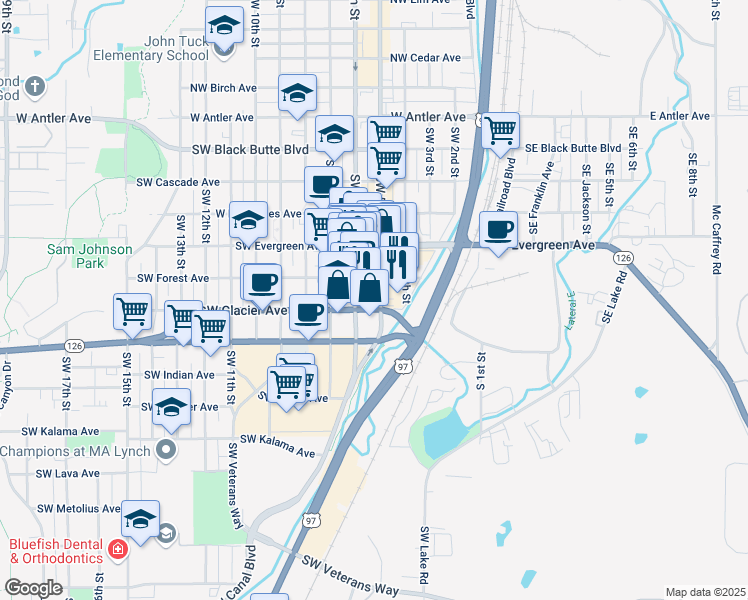 map of restaurants, bars, coffee shops, grocery stores, and more near 652 Southwest 5th Street in Redmond