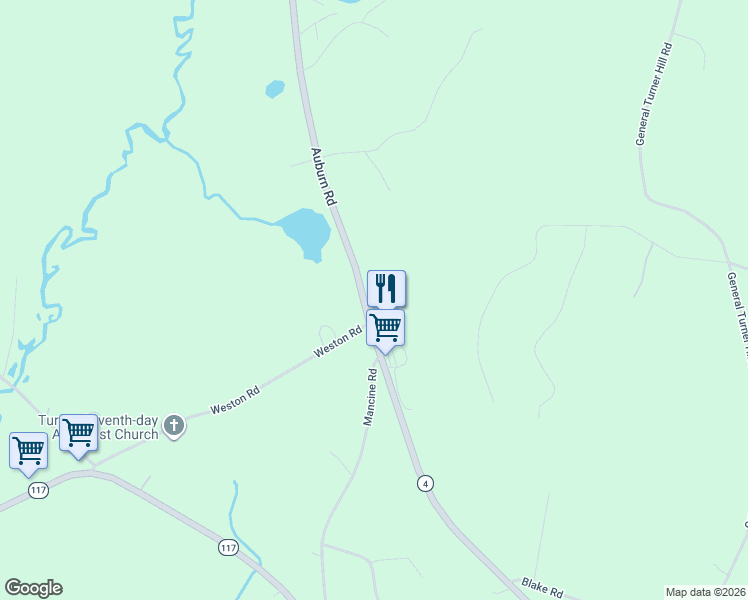 map of restaurants, bars, coffee shops, grocery stores, and more near 1559 Auburn Road in Turner