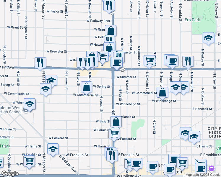 map of restaurants, bars, coffee shops, grocery stores, and more near 703 West Spring Street in Appleton