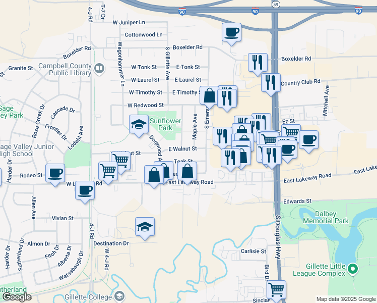 map of restaurants, bars, coffee shops, grocery stores, and more near 208 East Walnut Street in Gillette