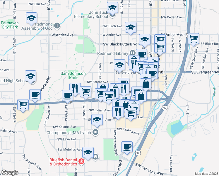 map of restaurants, bars, coffee shops, grocery stores, and more near 640 Southwest 12th Street in Redmond