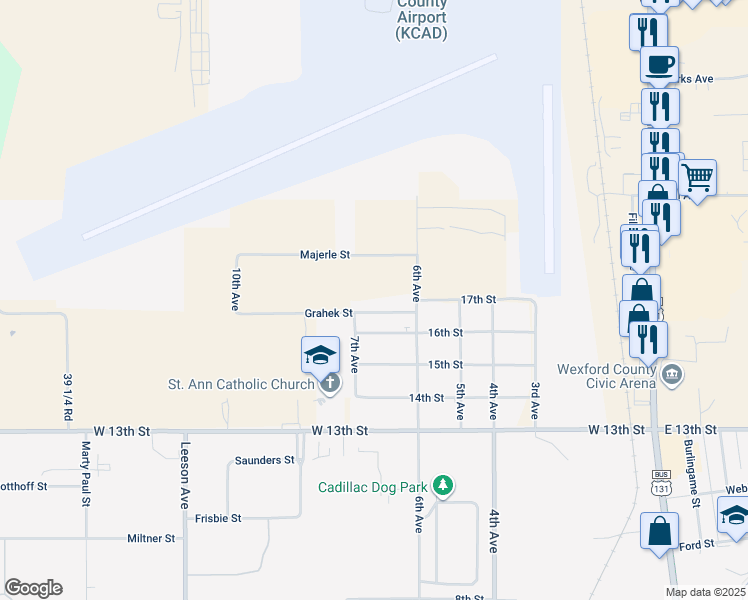 map of restaurants, bars, coffee shops, grocery stores, and more near 620 Grahek Street in Cadillac
