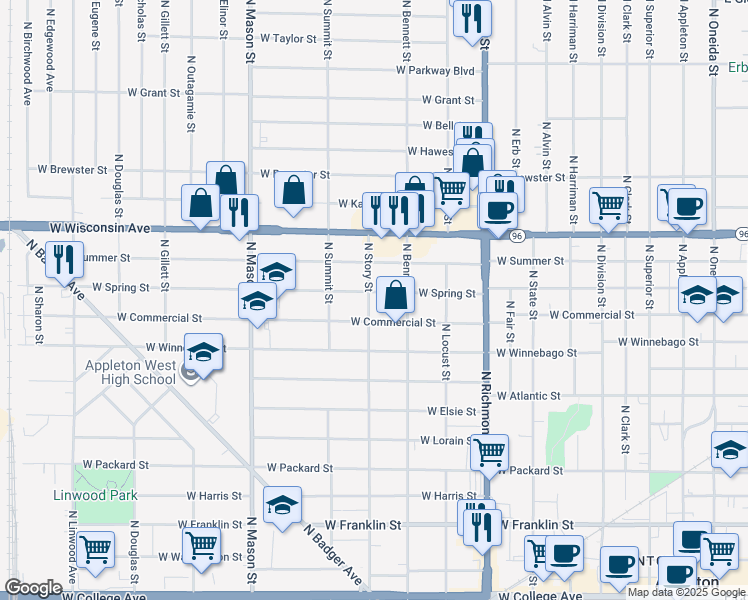 map of restaurants, bars, coffee shops, grocery stores, and more near 933 West Spring Street in Appleton