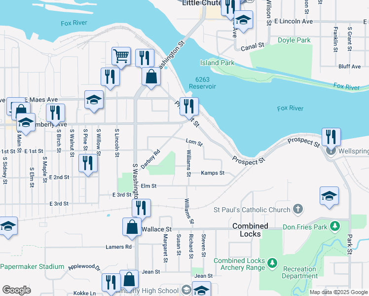 map of restaurants, bars, coffee shops, grocery stores, and more near 204 Williams Street in Combined Locks
