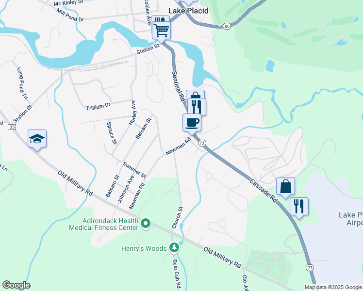 map of restaurants, bars, coffee shops, grocery stores, and more near County Highway 26A in Lake Placid