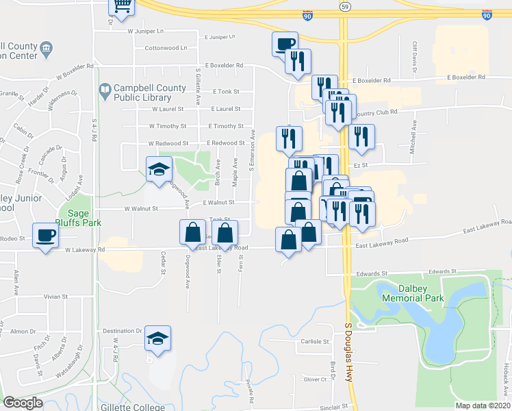 map of restaurants, bars, coffee shops, grocery stores, and more near 312 East Walnut Street in Gillette