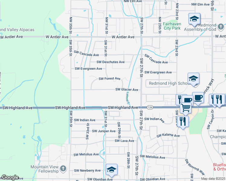 map of restaurants, bars, coffee shops, grocery stores, and more near 3008 Southwest Glacier Avenue in Redmond