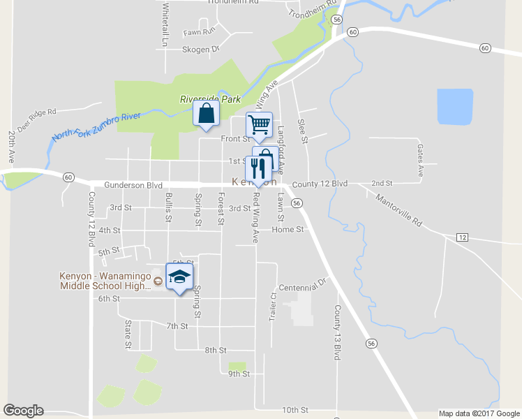map of restaurants, bars, coffee shops, grocery stores, and more near 227 Red Wing Avenue in Kenyon