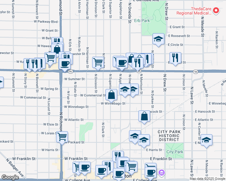 map of restaurants, bars, coffee shops, grocery stores, and more near 1014 North Superior Street in Appleton