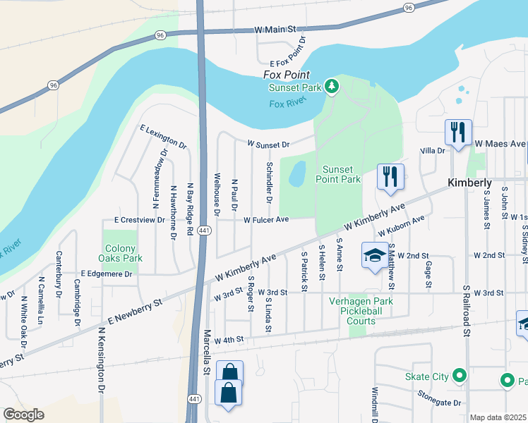 map of restaurants, bars, coffee shops, grocery stores, and more near 310 Schindler Dr in Kimberly