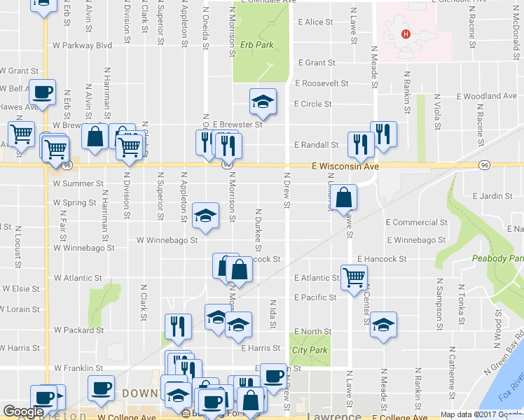 map of restaurants, bars, coffee shops, grocery stores, and more near 1014 North Durkee Street in Appleton
