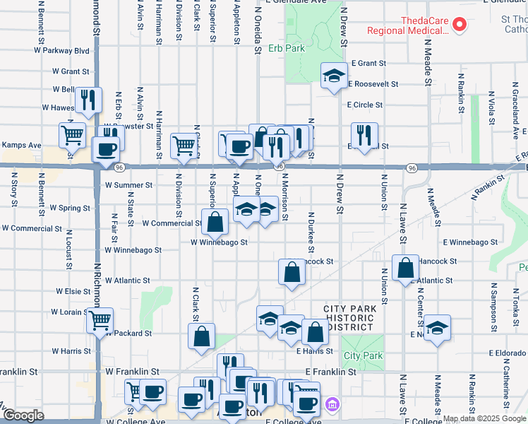 map of restaurants, bars, coffee shops, grocery stores, and more near 1014 1/2 North Oneida Street in Appleton