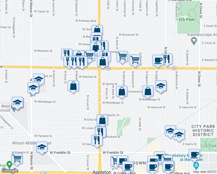 map of restaurants, bars, coffee shops, grocery stores, and more near 1014 North Fair Street in Appleton