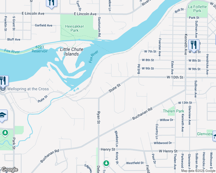 map of restaurants, bars, coffee shops, grocery stores, and more near 1025 Melrose Ct in Kaukauna