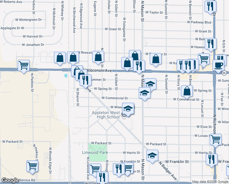 map of restaurants, bars, coffee shops, grocery stores, and more near 1015 North Gillett Street in Appleton