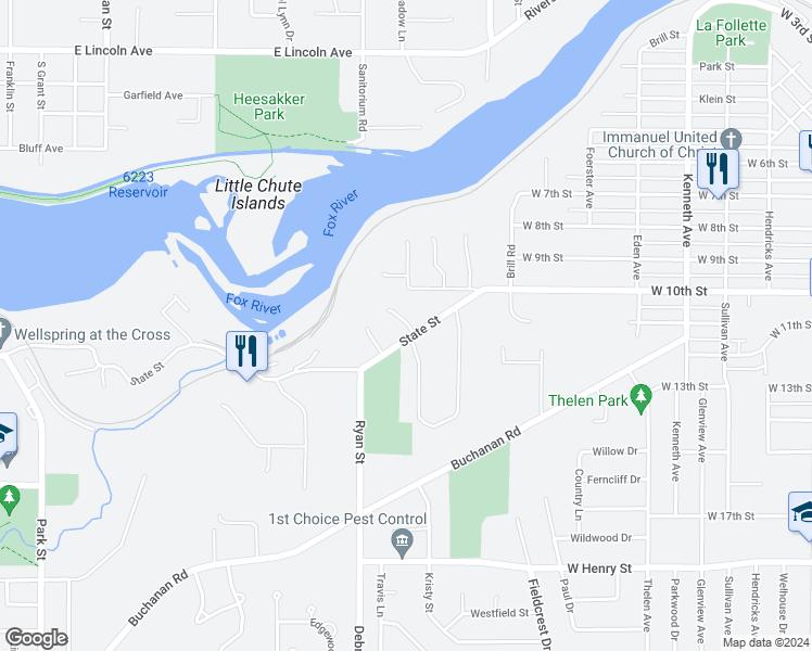map of restaurants, bars, coffee shops, grocery stores, and more near 1025 Melrose Court in Kaukauna