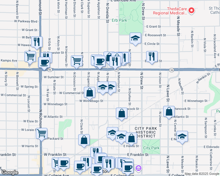 map of restaurants, bars, coffee shops, grocery stores, and more near 1014 1/2 North Oneida Street in Appleton