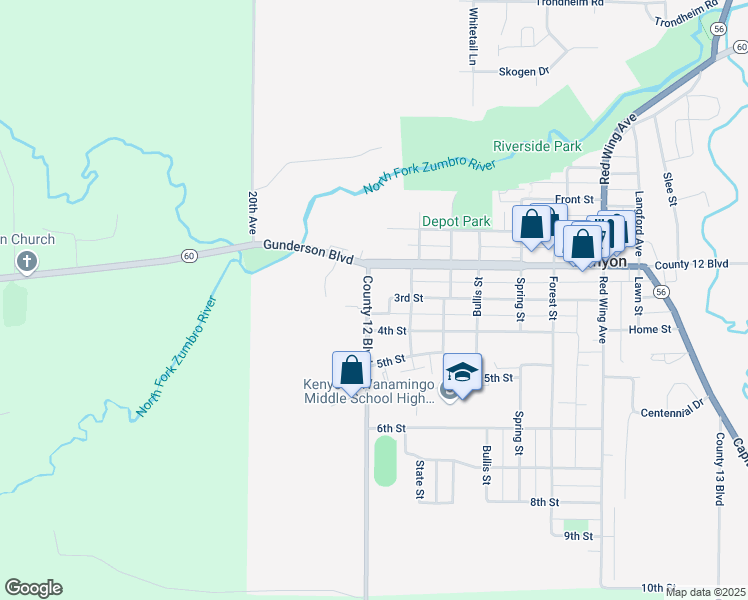 map of restaurants, bars, coffee shops, grocery stores, and more near 104 3rd Street in Kenyon