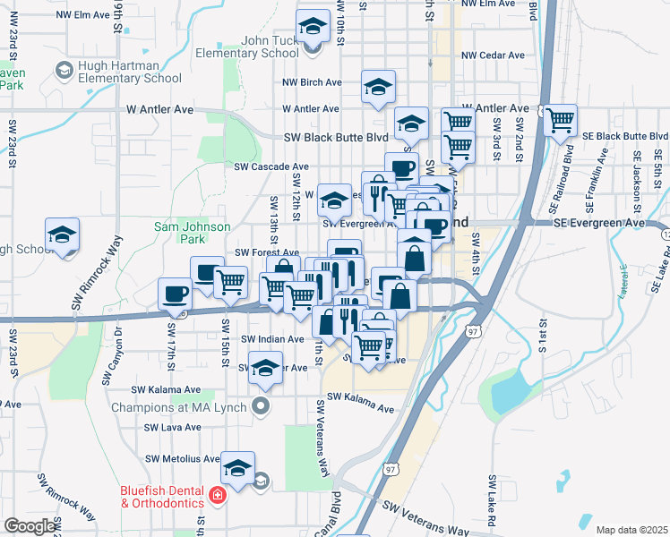 map of restaurants, bars, coffee shops, grocery stores, and more near 635 SW 10th St in Redmond