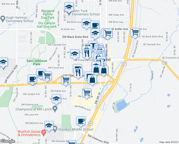 map of restaurants, bars, coffee shops, grocery stores, and more near 636 Southwest 8th Street in Redmond