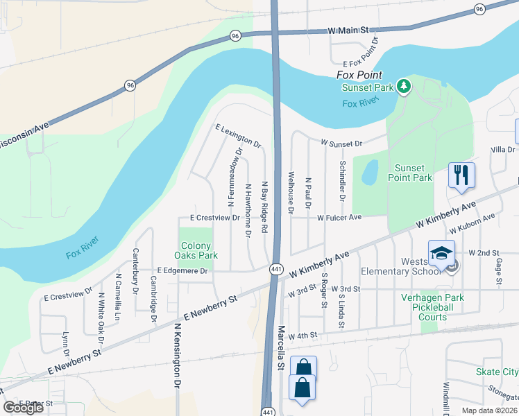 map of restaurants, bars, coffee shops, grocery stores, and more near 1011 North Bay Ridge Road in Appleton