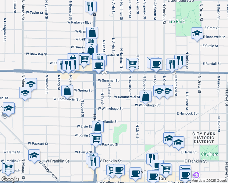 map of restaurants, bars, coffee shops, grocery stores, and more near 519 West Spring Street in Appleton