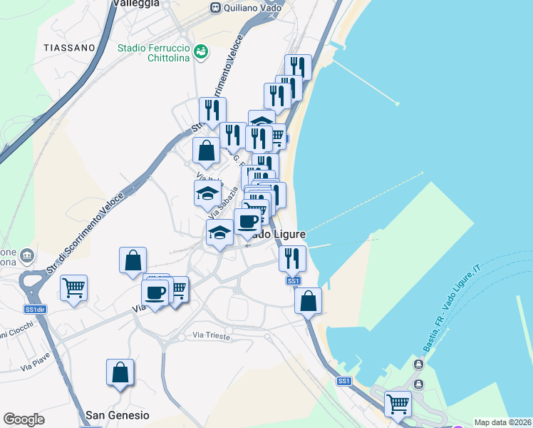 map of restaurants, bars, coffee shops, grocery stores, and more near 172 Via Leon Pancaldo in Vado Centro