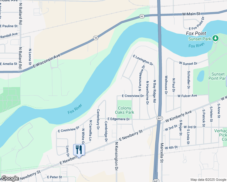 map of restaurants, bars, coffee shops, grocery stores, and more near 1001 North Kensington Drive in Appleton