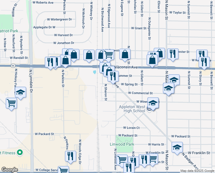 map of restaurants, bars, coffee shops, grocery stores, and more near 1012 North Sharon Street in Appleton