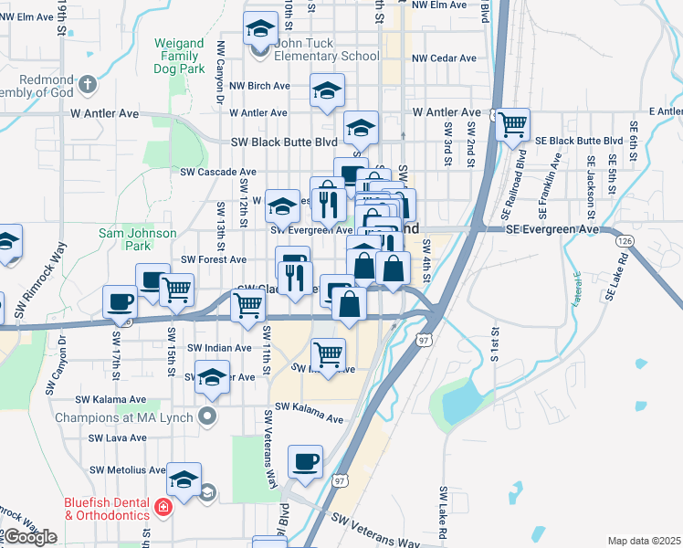 map of restaurants, bars, coffee shops, grocery stores, and more near 626 Southwest 8th Street in Redmond