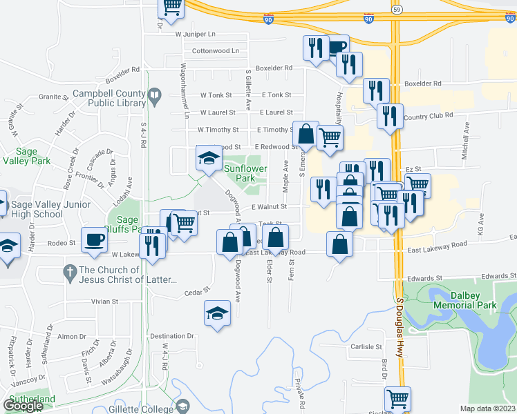 map of restaurants, bars, coffee shops, grocery stores, and more near 114 East Walnut Street in Gillette
