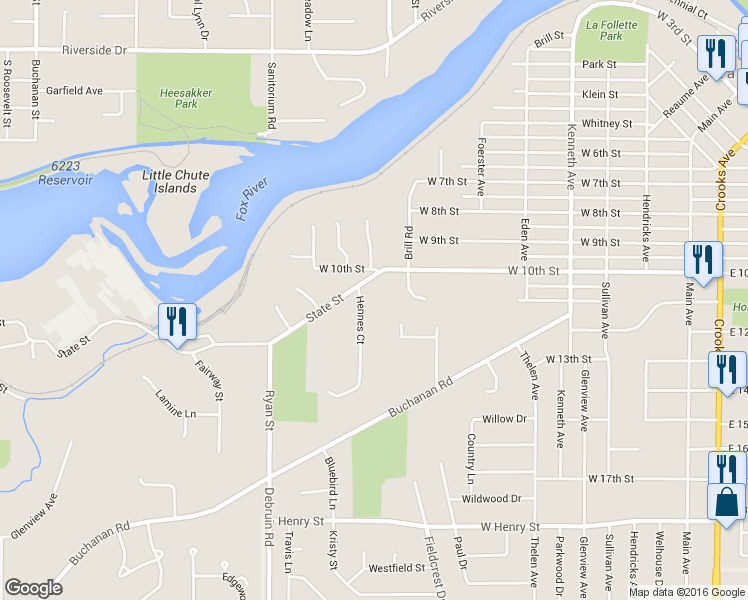 map of restaurants, bars, coffee shops, grocery stores, and more near 1004 Hennes Court in Kaukauna